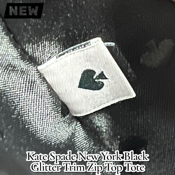 New NWT Kate Spade New York Black Glitter Trim Zip Top Tote Bag Purse - Picture 7 of 10